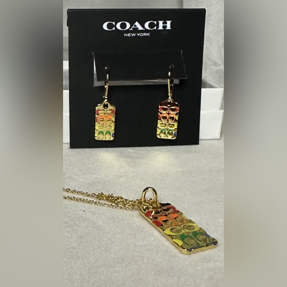Coach earrings/necklace set, colorful signature hangtag